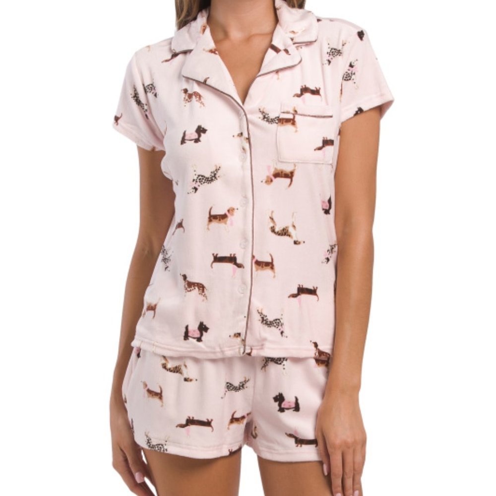 Laura Ashley Women's Plush Shortie Pajama Set Size L Dogs